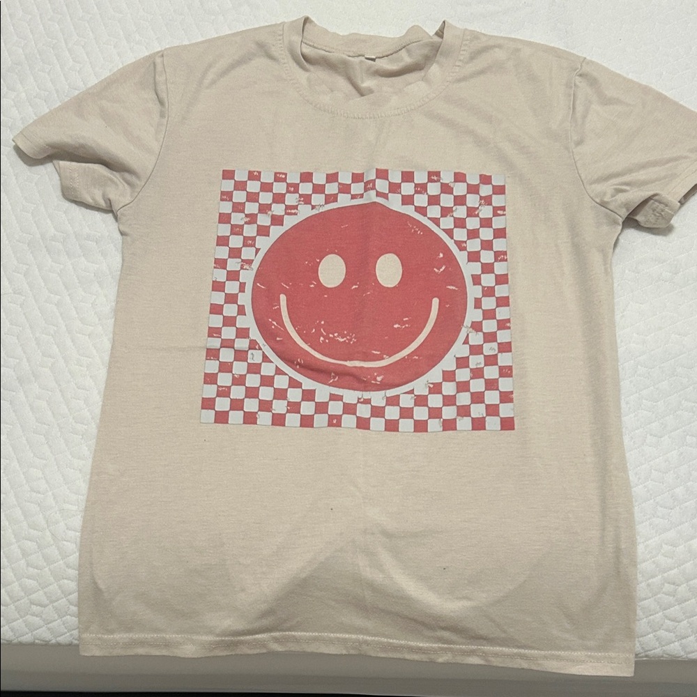 Beige T-Shirt with Red Smiley Face Design